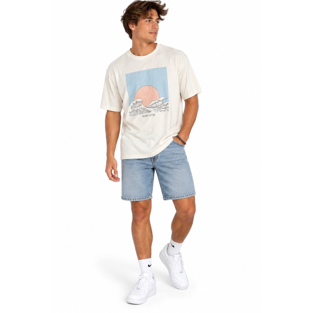 SHEIN Graphic T-Shirt Mens Size M Off-White Ocean Wave Sun Short Sleeve Tee